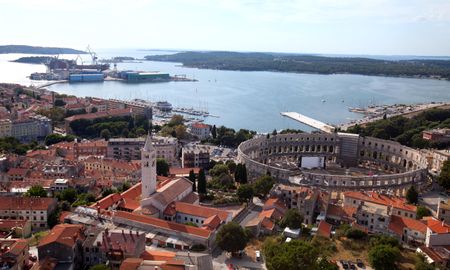 Aerial view of the ancient Roman amphitheater in Pula, Croatia.