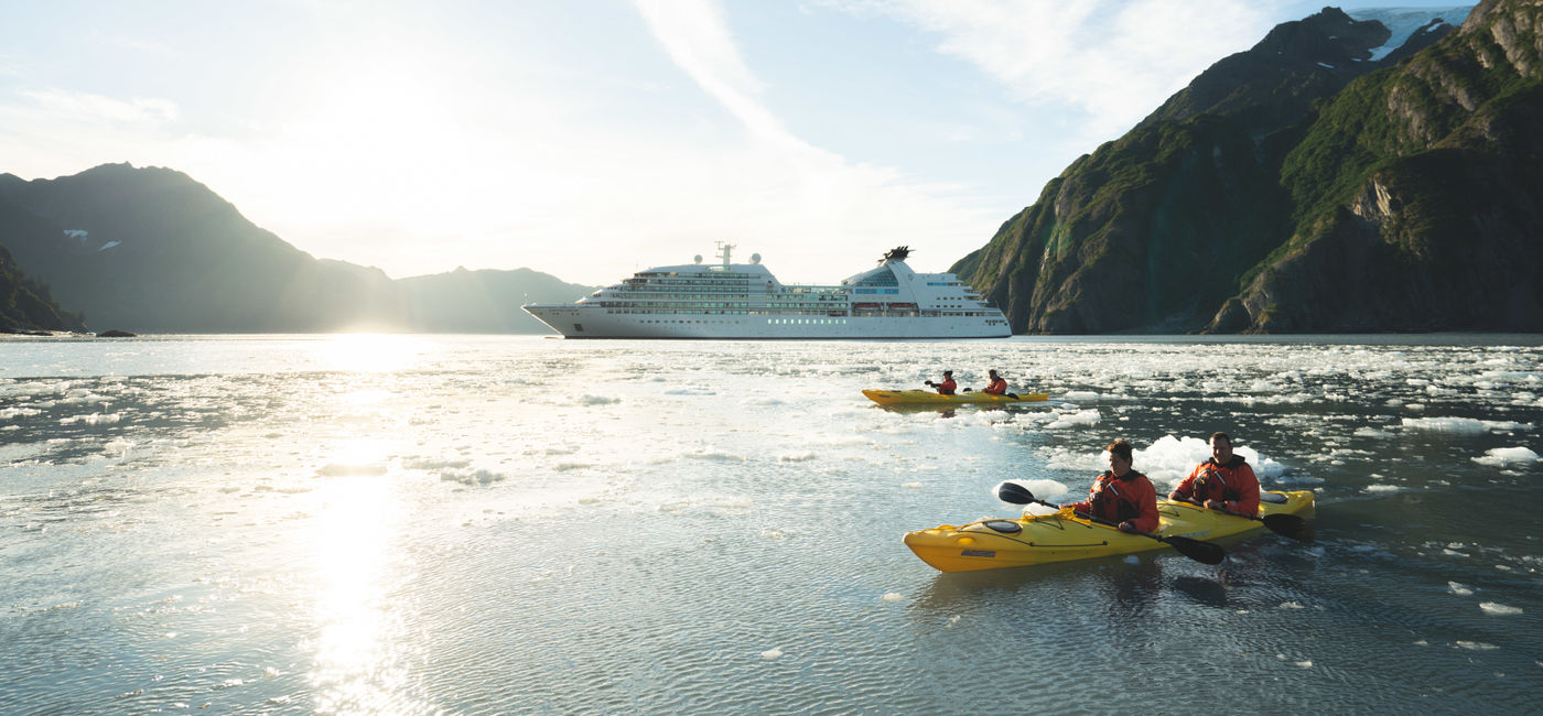 Image: A Seabourn expedition kayaks in College Fjord, Alaska. (Photo Credit: Seabourn)