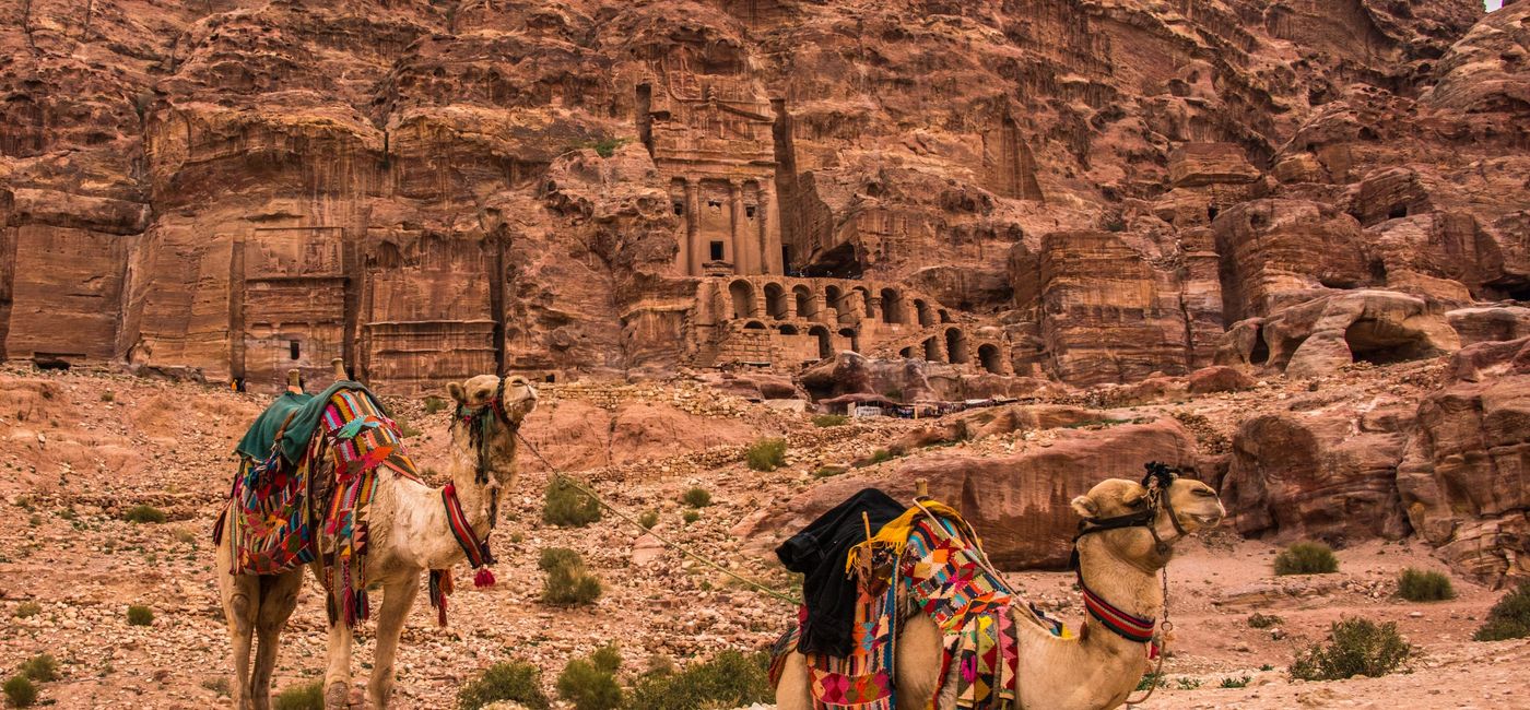 Image: Camels in front of the archaeological site at Petra, Jordan.  (Source: Pleasant Holidays)