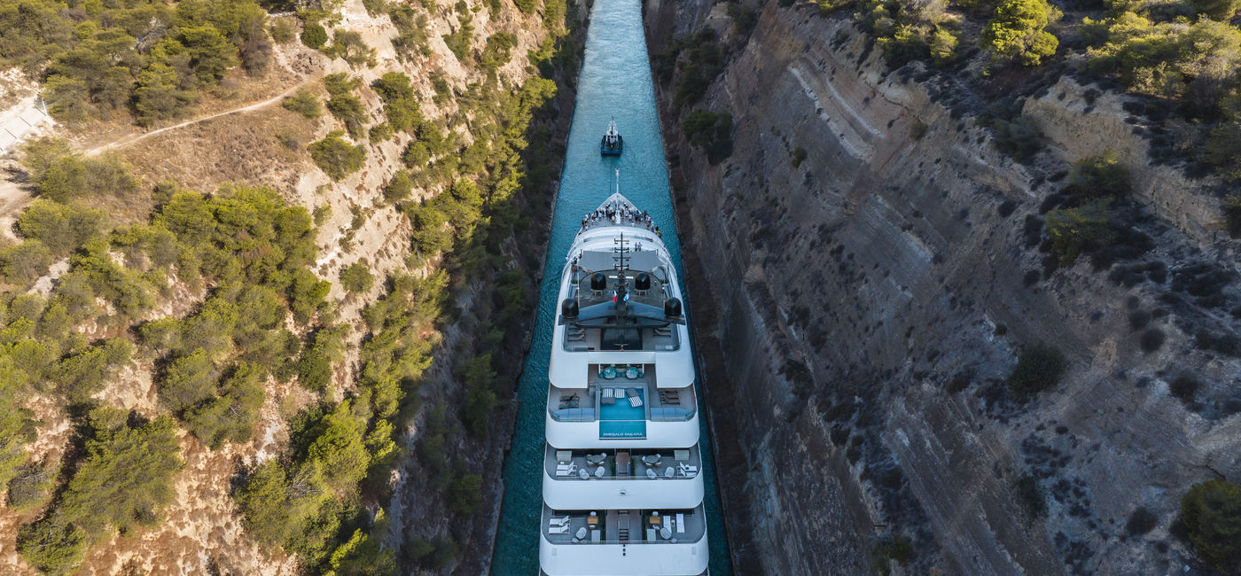 Image: The Emerald Sakara sails through the Corinth Canal on the beginning of its first sailing.  (Photo Credit: Emerald Cruises)