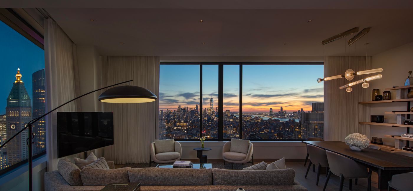 Image: The living room inside the two-bedroom Madison Penthouse at The Ritz-Carlton New York, NoMad.  (Photo Credit: The Ritz-Carlton New York, NoMad)