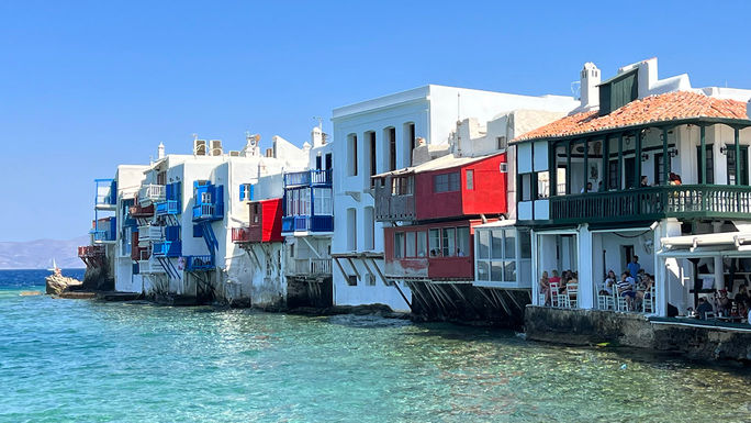 Picturesque view of the Mykonos waterfront.