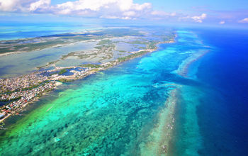 San Pedro Town and the Belize Barrier Reef beyond on Ambergris Caye, Belize.