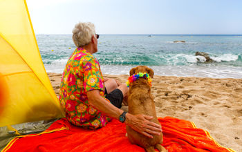 Elderly man with dog on beach