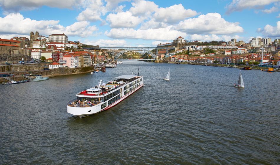 Viking river ship on Douro River in Portugal.